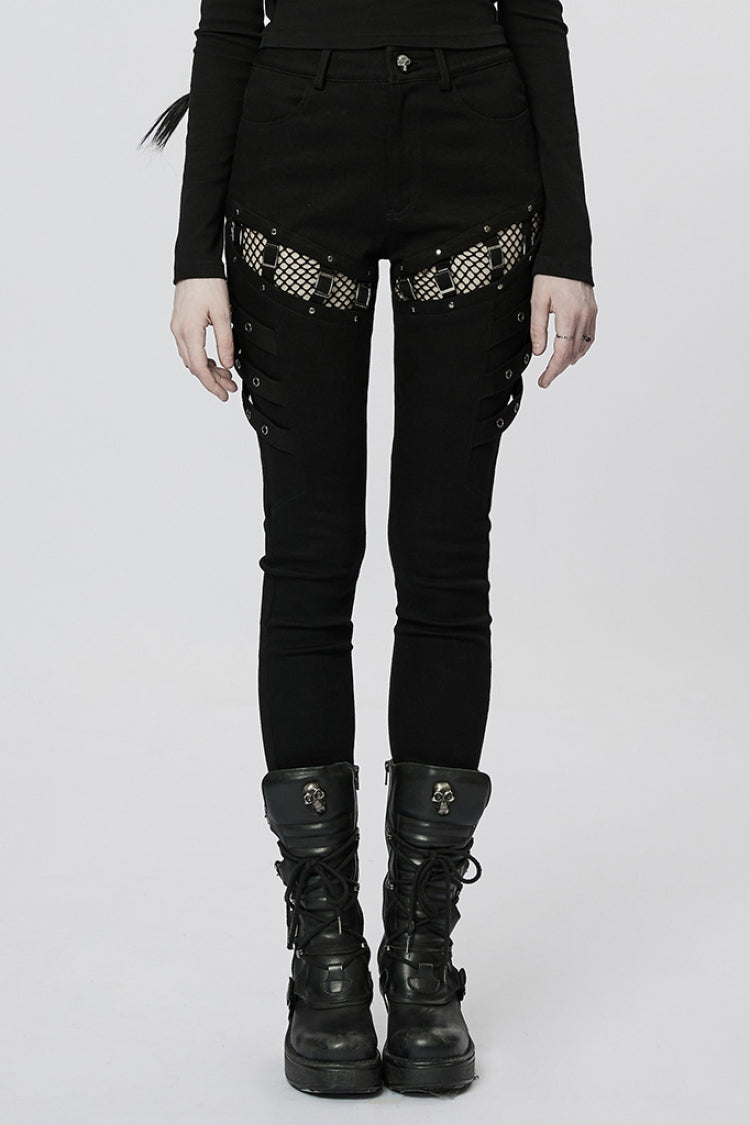 Black Stitching Slim Mesh Buckles Metal Hardware Women's Steampunk Pants