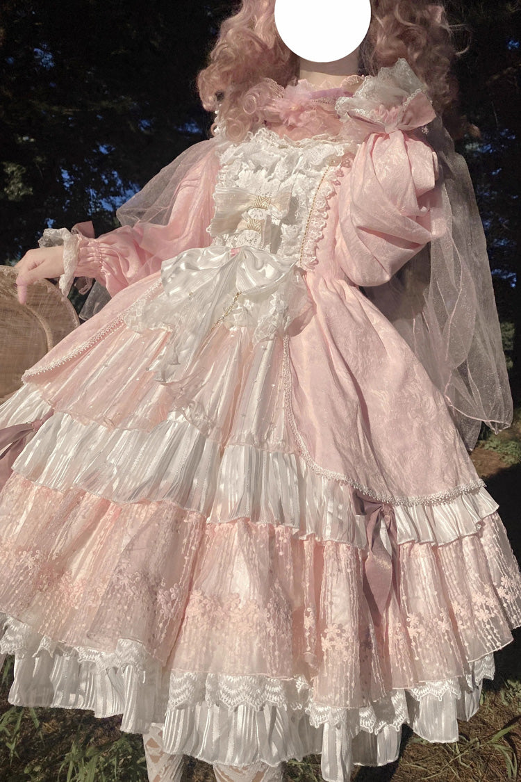 Pink Hanayome Long Sleeves Bowknot Multi-Layer Ruffled Sweet Lolita OP Tiered Dress