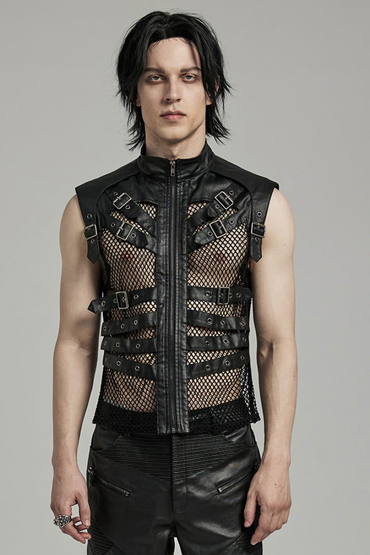 Black Multi-buckles Hollow Mesh Faux Leather Men's Punk Vest