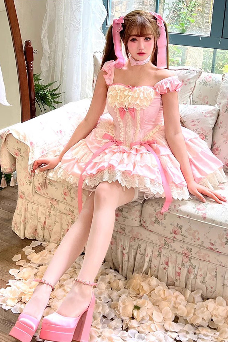 Pink [Strawberry Candy] Multi-Layered Ruffle Bowknot Lace Sweet Ballet Lolita Dress