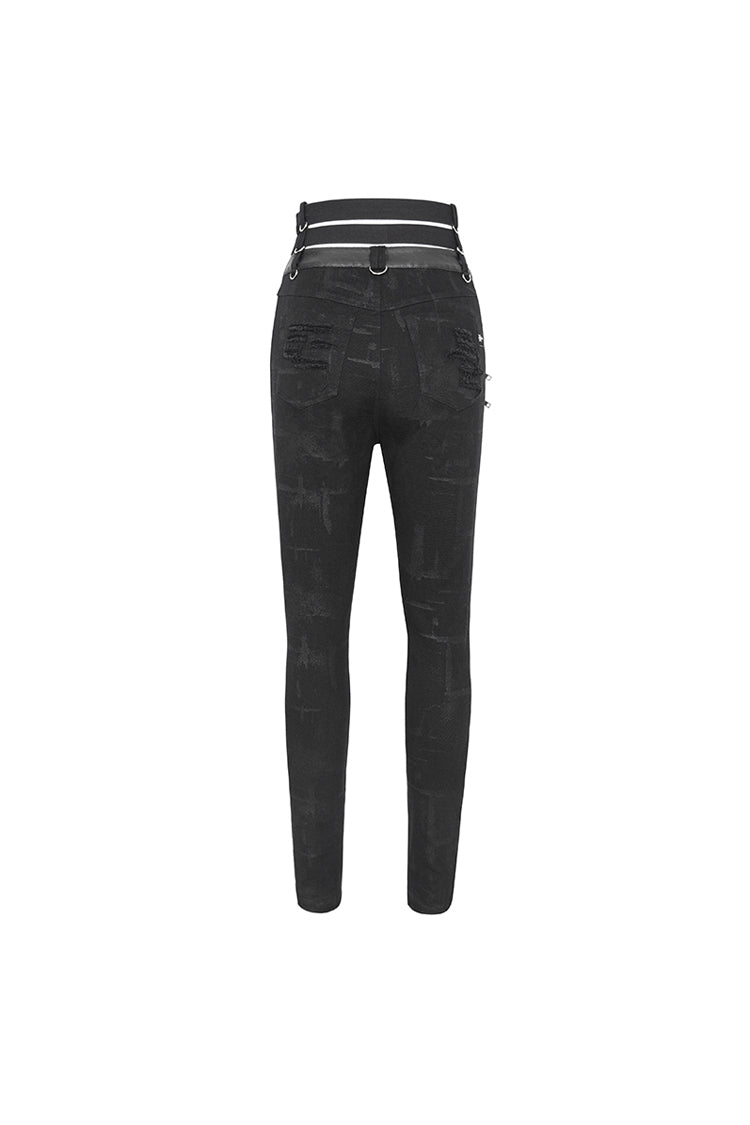 Black High Waisted Loophole Ripped Buckle Women's Punk Pants