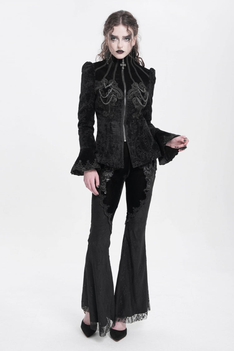 Black Stand Collar Long Trumpet Sleeves Embroidery Women's Gothic Jacket