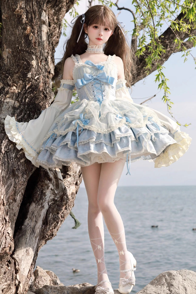 Blau/Aprikose Ärmelloses mehrlagiges Rüschen Bowknot Schnürkleid Süßes Prinzessin Lolita Jsk Kleid