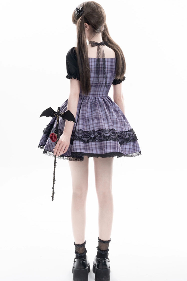 Lila [Witch Time] Süßes Lolita-Kleid mit kurzen Puffärmeln, Karomuster und Schleife