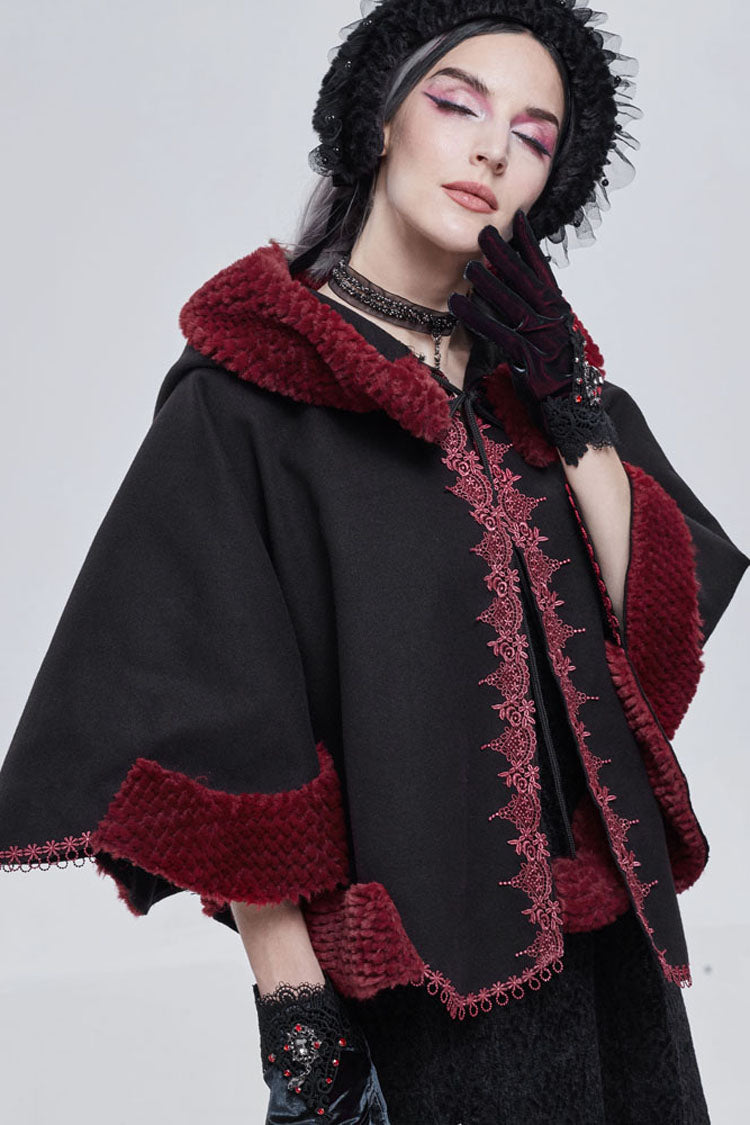 Black Gothic Petal-Shaped Double-Faced Contrast Women's Wool Hooded Shawl