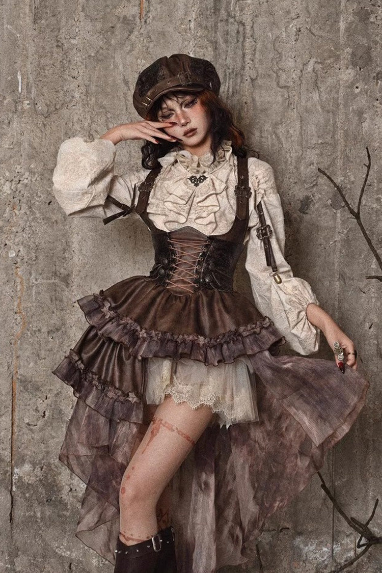 Brown Chest Straps Ruffle Irregular Detachable Tail Punk Lolita Dress