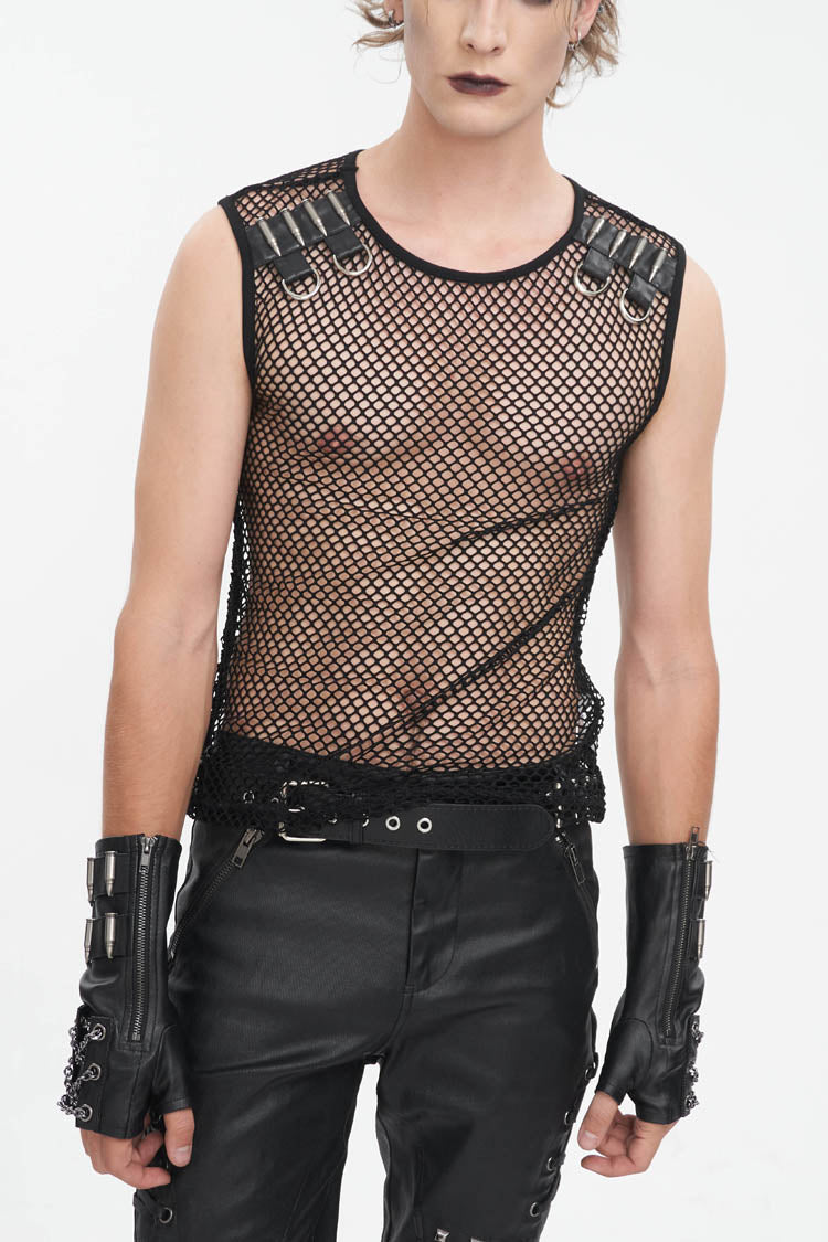 Black Round Collar Mesh Men's Gothic Vest