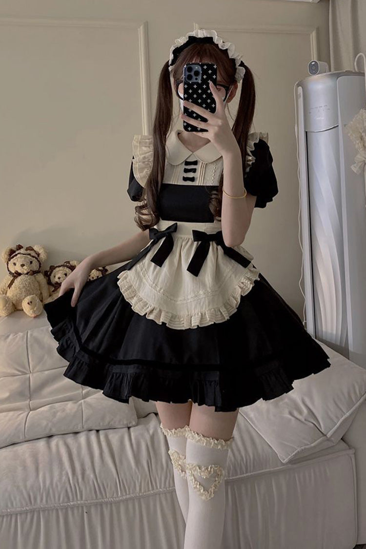 Black Maid Lapel Collar Short Sleeves Ruffle Sweet Classic Lolita Dress (Short or Long Version)