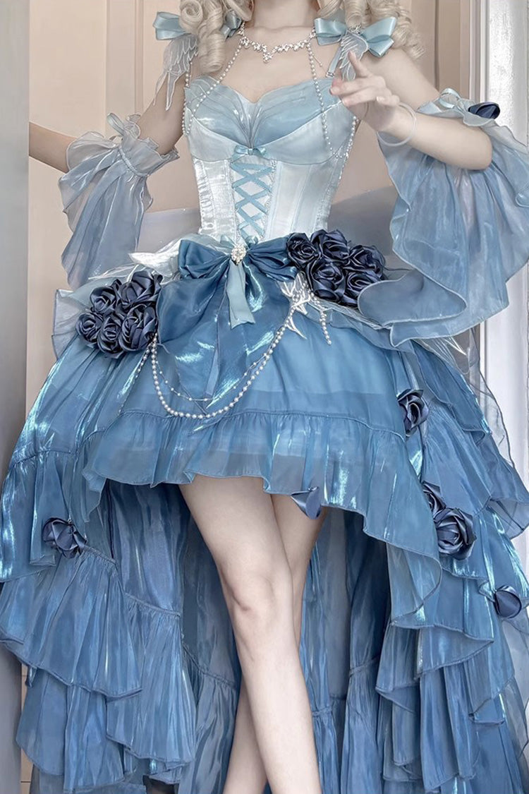 Sky Blue [Swan Wonderland] Embroidery Bowknot Lace-Up Short Front Long Back Irregular Sweet Ballet Lolita Jsk Dress