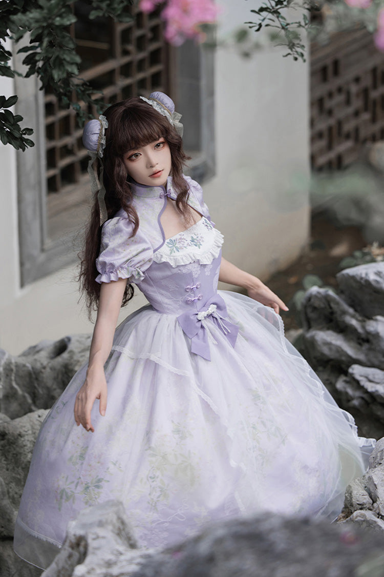 Purple Lilac Short Sleeves Hollow Embroidery Sweet Chinese Cheongsam Style Lolita Dress