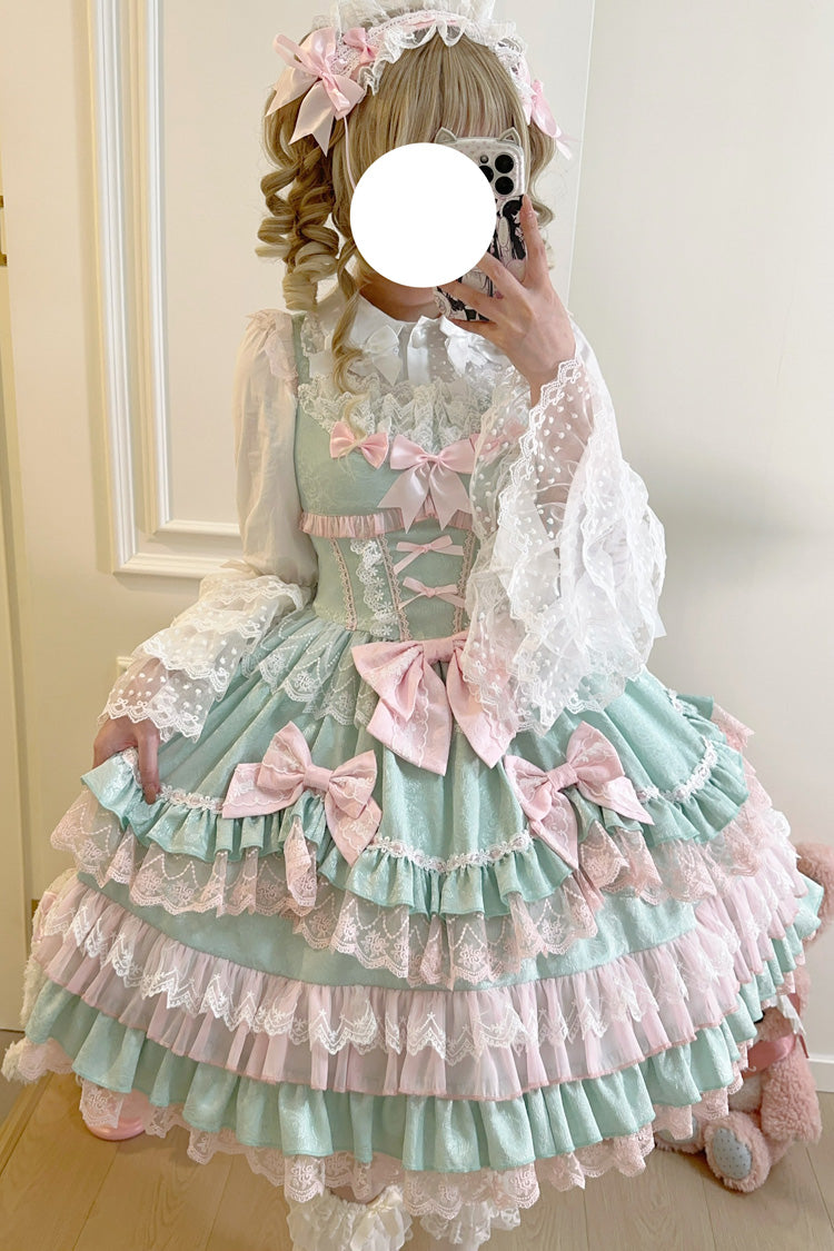 Süßes Lolita JSK Kleid in Grün mit mehrlagigem Rüschenmuster und Schleife