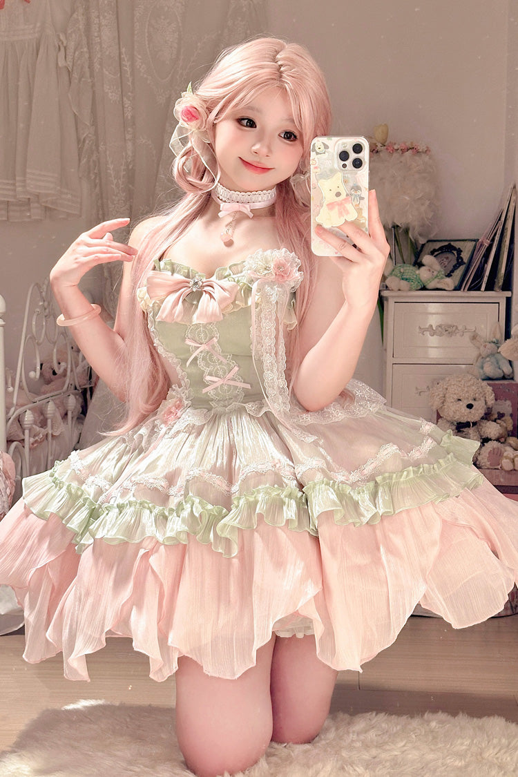 Pink/Green Summer Garden Ruffle Embroidery Bowknot Lace Sweet Lolita Jsk Short Dress