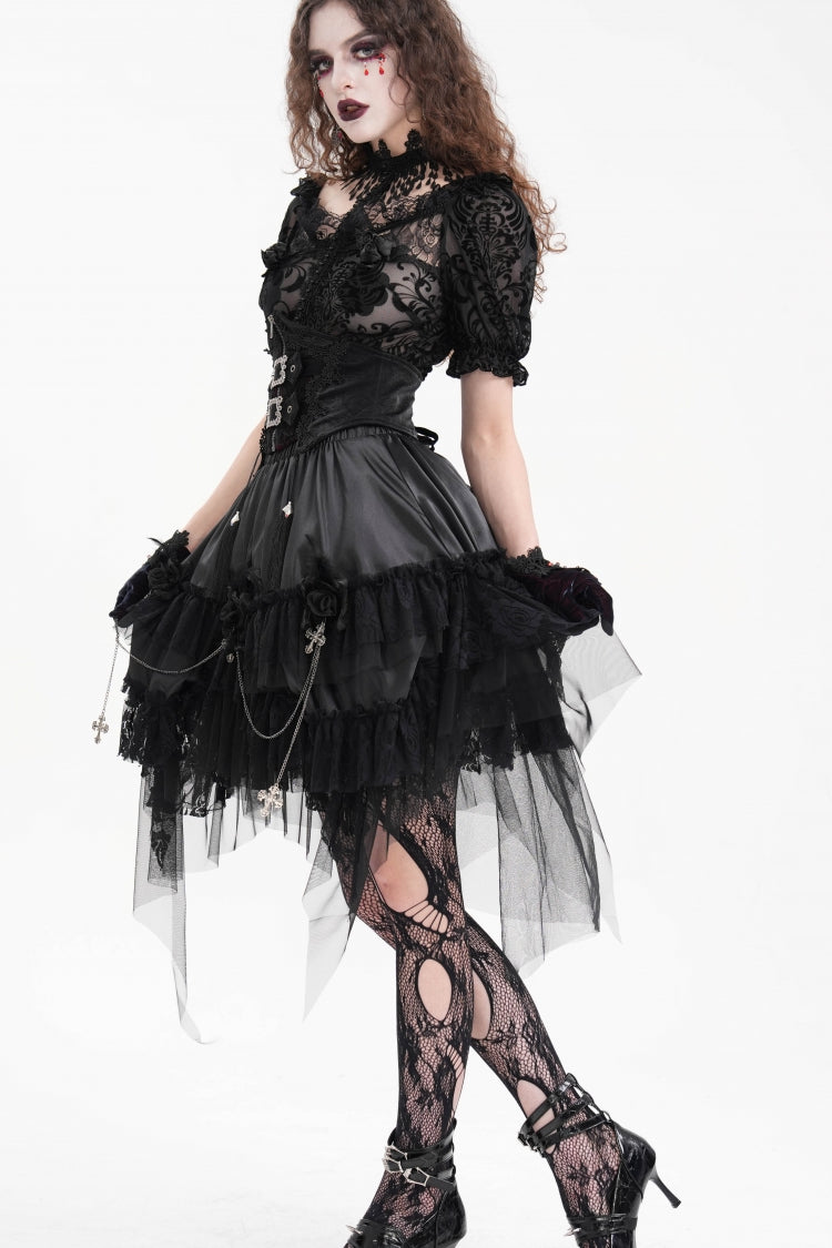 Black Cross Chain Ruffle Lace Irregular Hem Women's Gothic Skirt