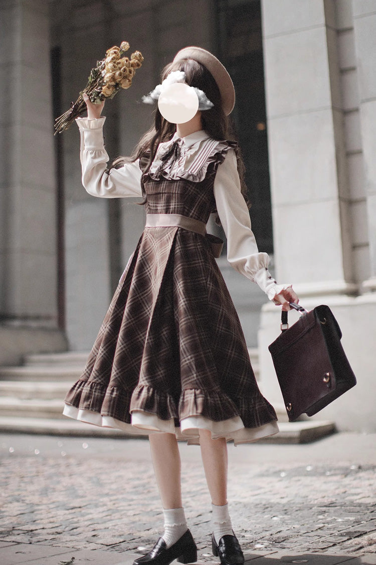 Brown [The Thames at Dusk] Print Ruffle Fake Two Pieces Vintage College Style Lolita Dress