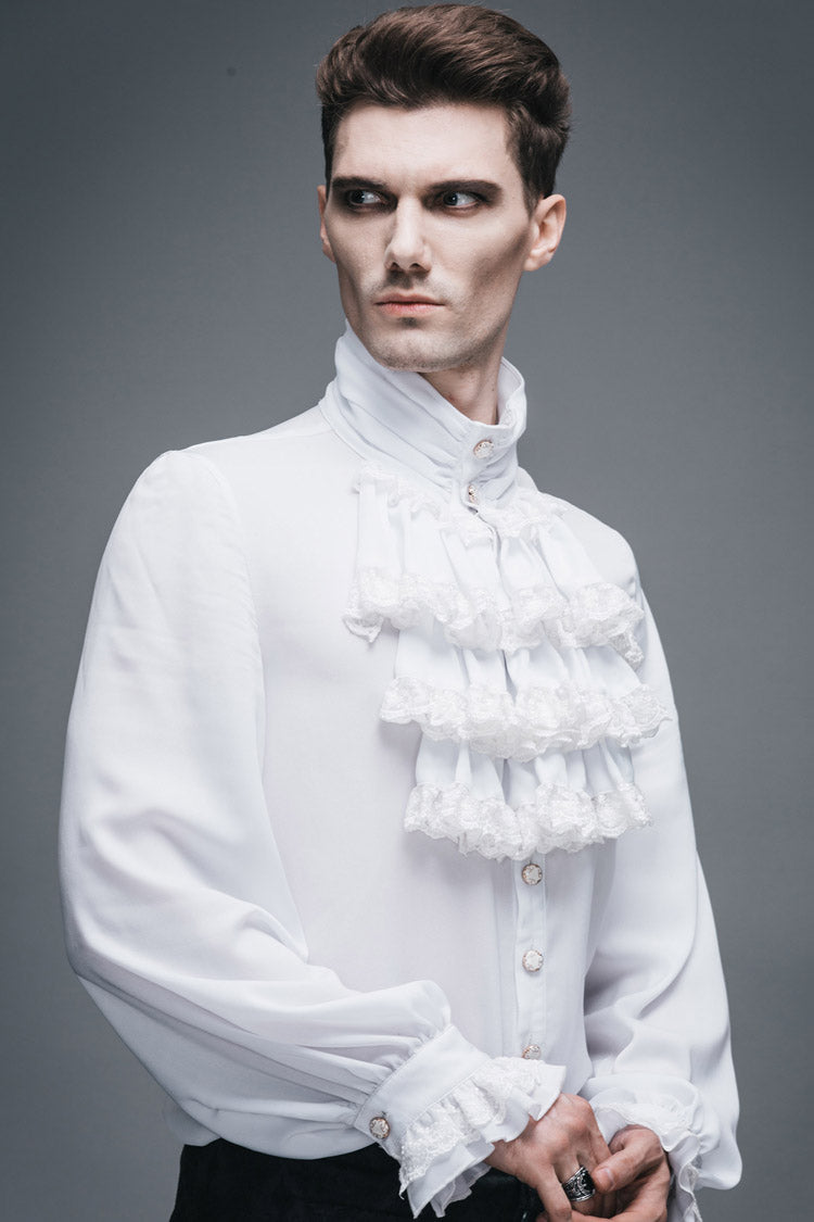 White Ruffled Lace Button-Up Micro-bullet Chiffon Long Sleeve Men's Gothic Shirt