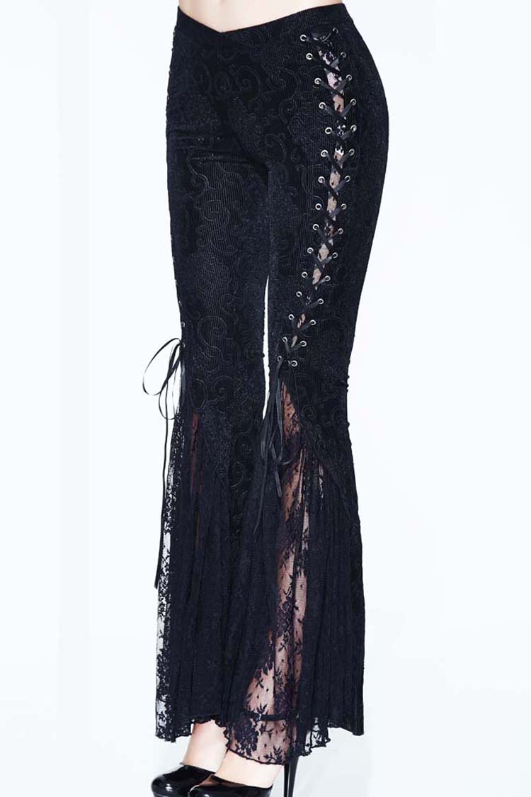 Black Palace Pattern Lace-Up Velveteen Lace Flared Women's Gothic Pants