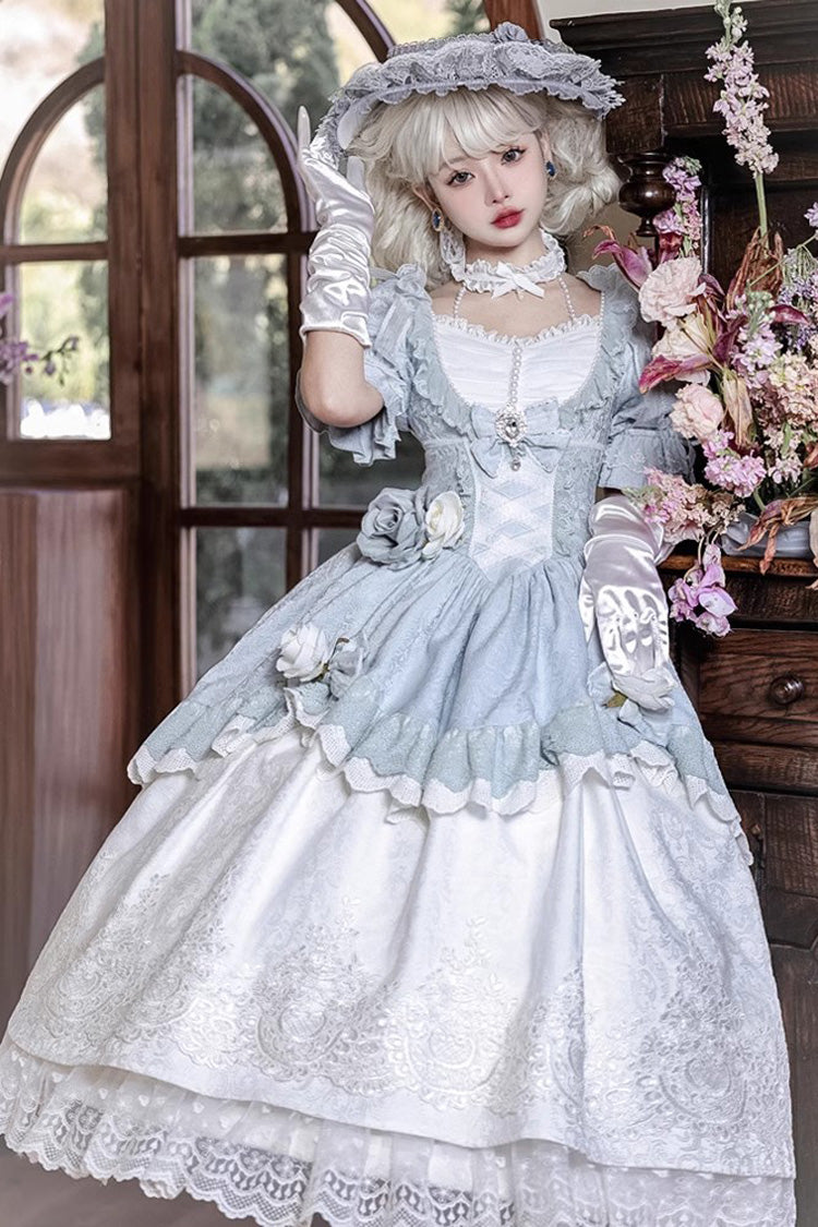 Einfarbiges, märchenhaftes Tanzkleid mit Stickerei und Schleife aus Spitze, süßes, elegantes Prinzessinnen-Lolita-Kleid