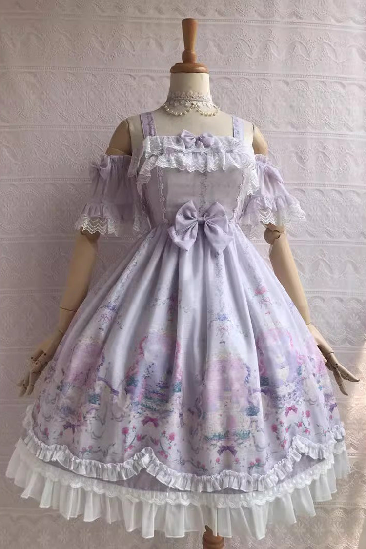 Süßes Lolita-JSK-Kleid mit Rüschen und Schleife im Unicorn's Secret Garden-Print, 7 Farben