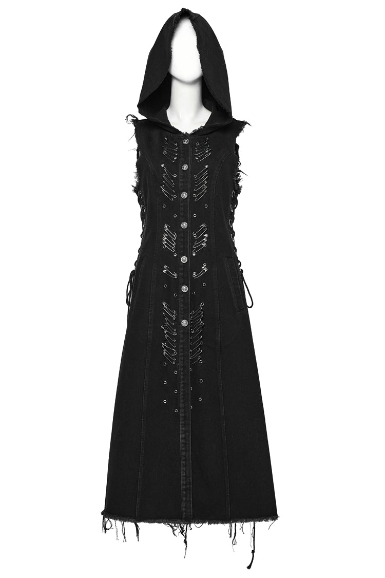 Black Side Drawstring Sleeveless Pin Decoration Hooded Womens Steampunk Long Vest