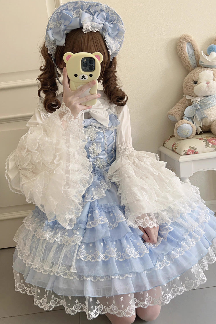 Blue [Love Overture] Multi-Layered Ruffle Bowknot Lace Sweet Lolita Jsk Dress