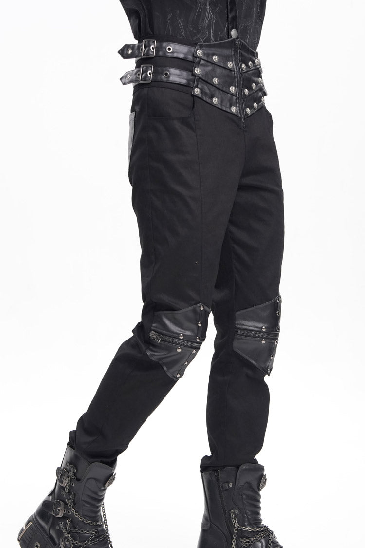 Black Stitching Buckle-up Studs Men's Gothic Pants