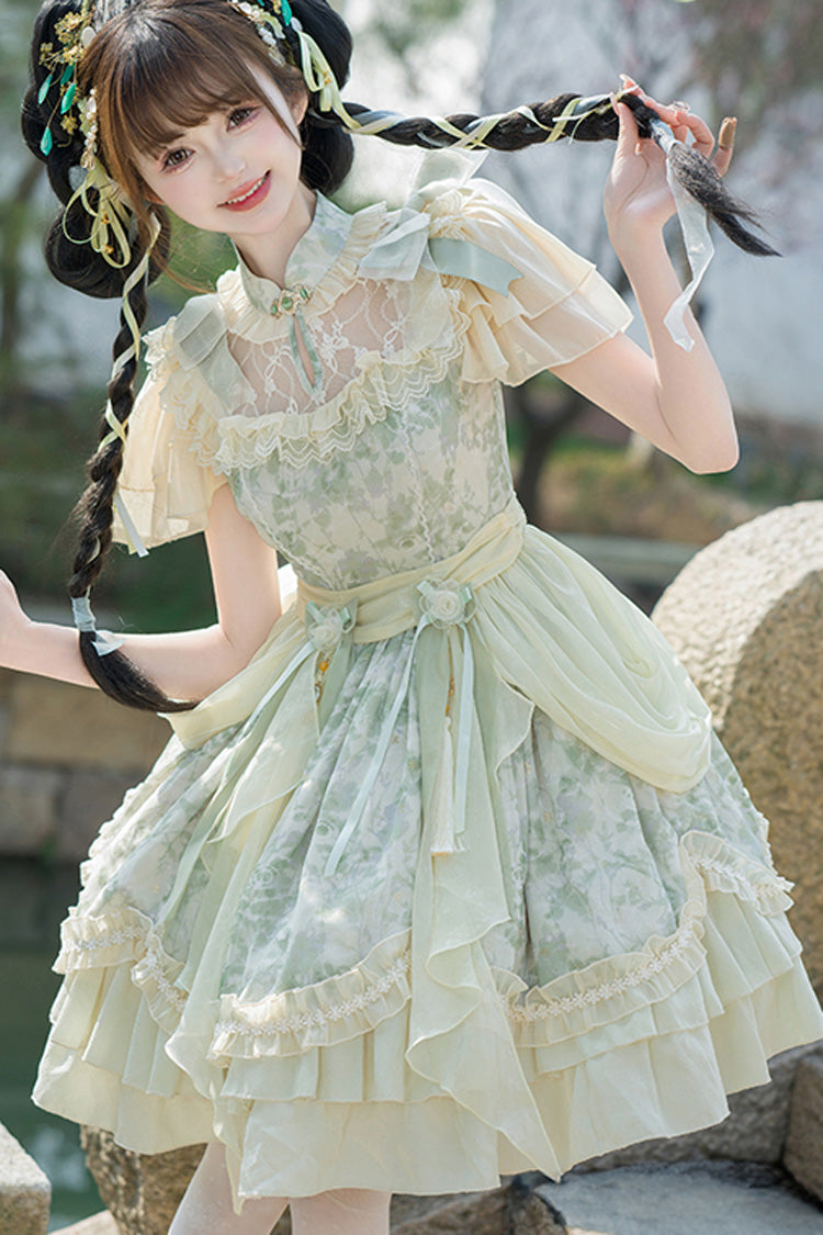 Green Pepper Chiffon Double-Layered Ruffle Bowknot Lace Sweet Chinese Style Lolita Dress