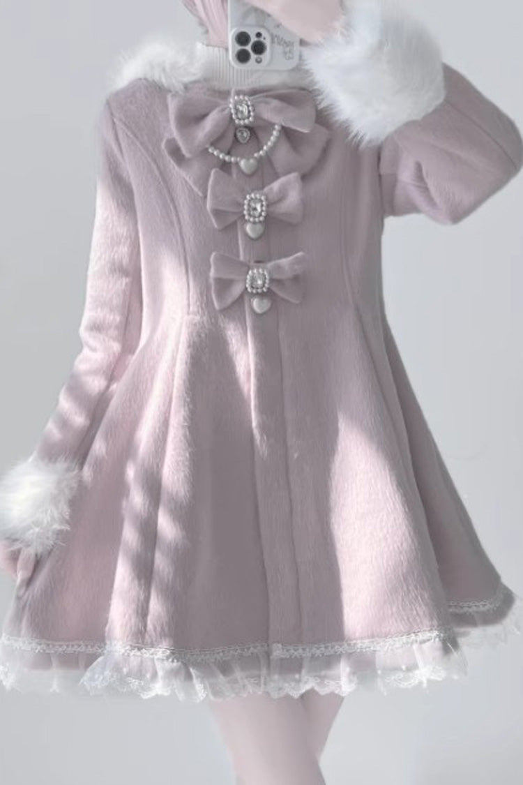 [Plush Lop-eared Rabbit] Long Sleeves Bowknot Lace Hooded Sweet Jirai Kei Coat 5 Colors