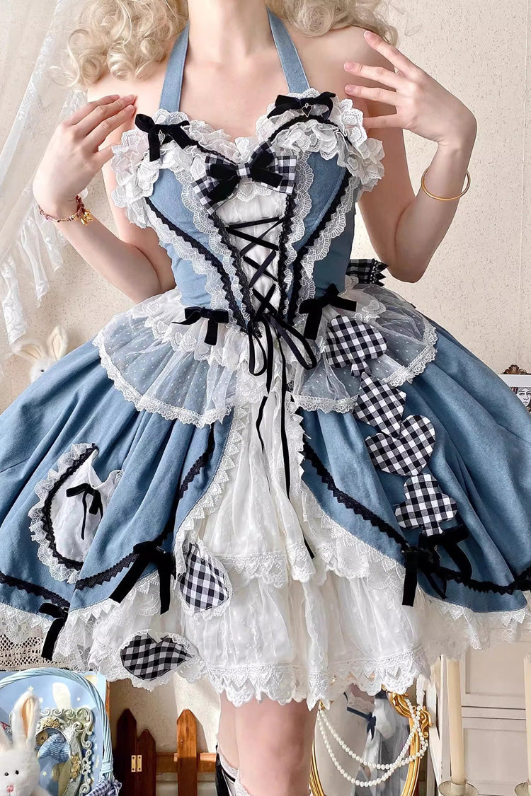 Blue Ruffle Bowknot Lace Sweet Chinese Style Elegant Princess Lolita Skirt (Includes Tops)