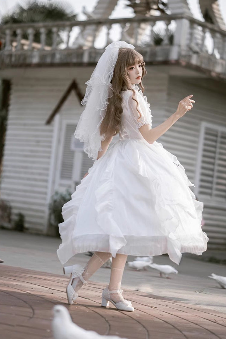 White Ode to Floating Lights Fantasy Fairy Short Sleeves Ruffle Sweet Elegant Lolita Dress