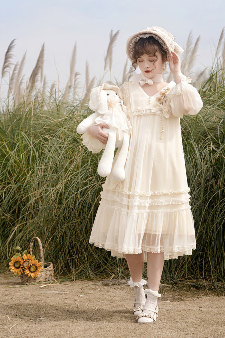 Ivory [Sunflower Diary] Long Sleeves Ruffle Embroidery Bowknot Lace Chiffon Sweet Princess Lolita Dress