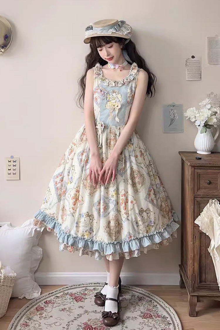 Cat Rose Tea Sleeveless Print Ruffle Bowknot Sweet Lolita Jumper Dress 3 Colors