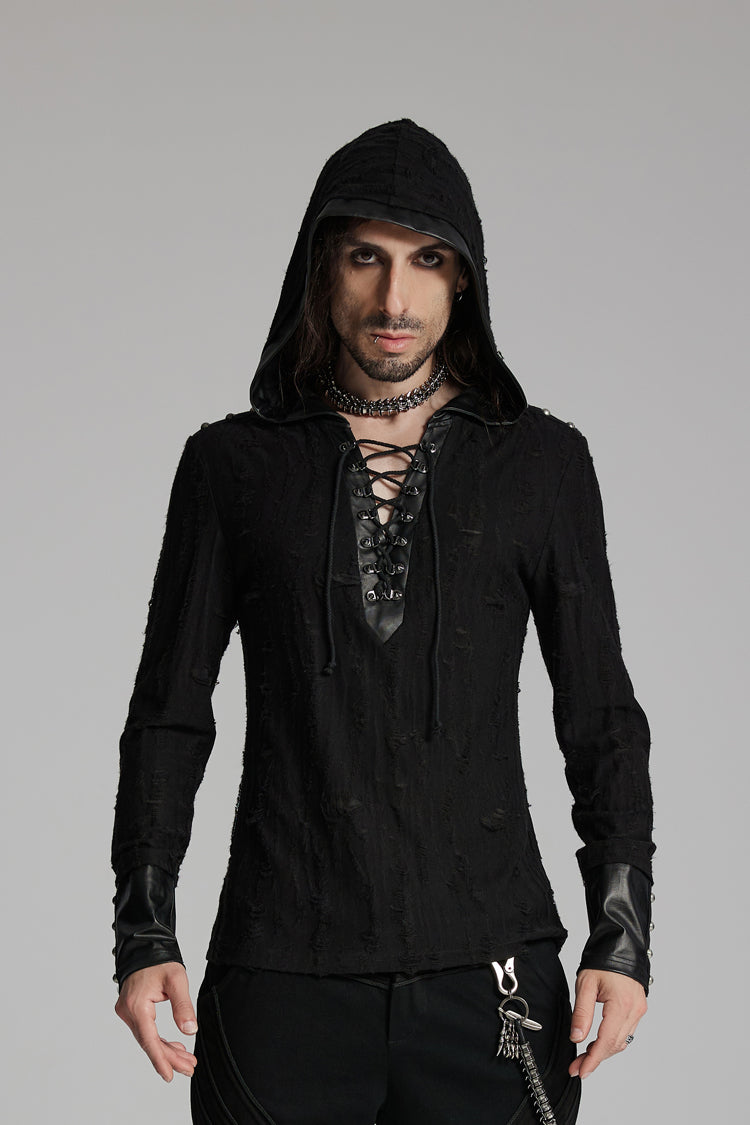 Black Long Sleeves Lace-Up Hooded Studs Eyelets Men's Punk T-Shirt