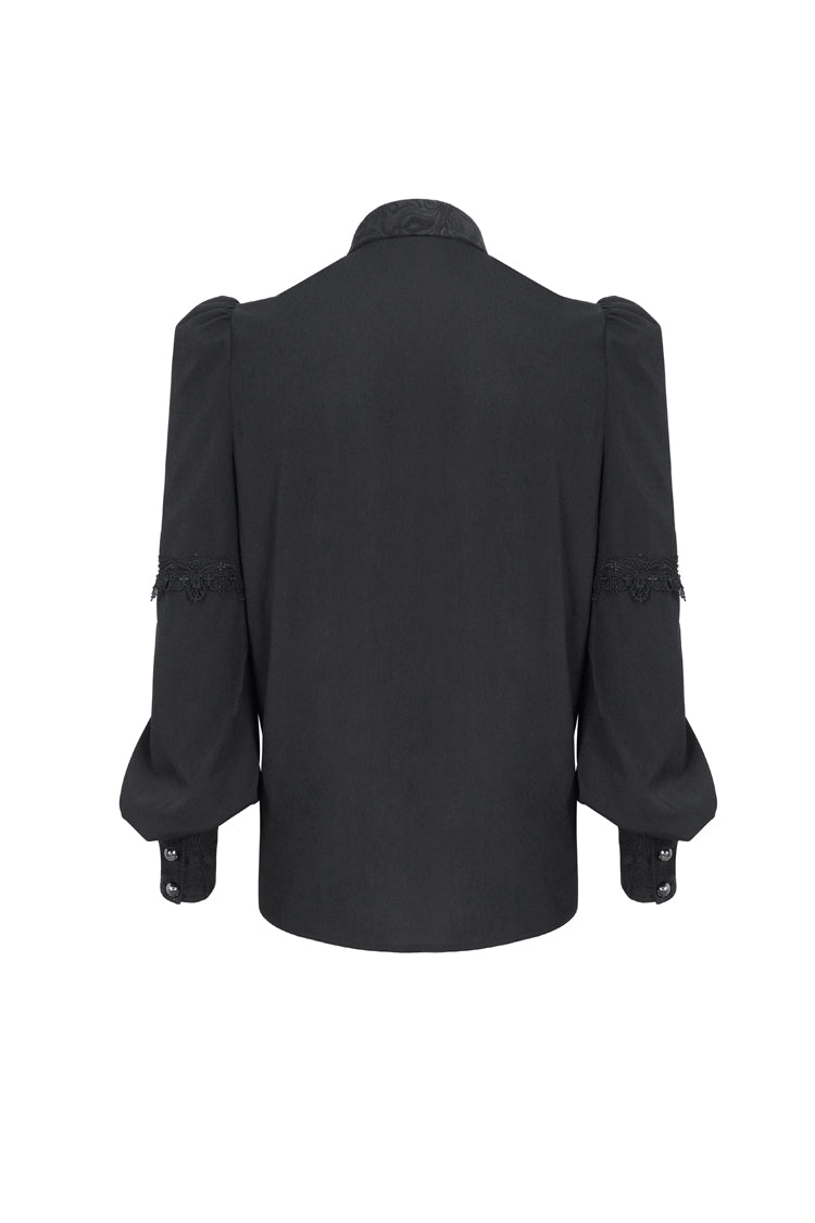 Black Lapel Collar Lantern Sleeves Jacquard Embroidery Men's Gothic Blouse