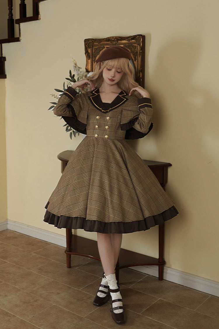 Brown [Baker Street Stories] Stripe Print Ruffle Fake Two Pieces British College Style Classic Lolita Dress