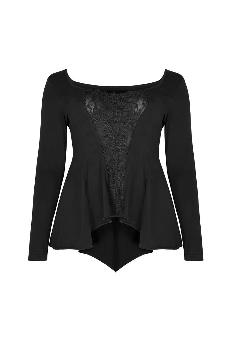 Black Big Round Collar Front Chest Decals Long Sleeve Back Waist Lace-Up Frill Hem Plus Size Women's Gothic T-Shirt