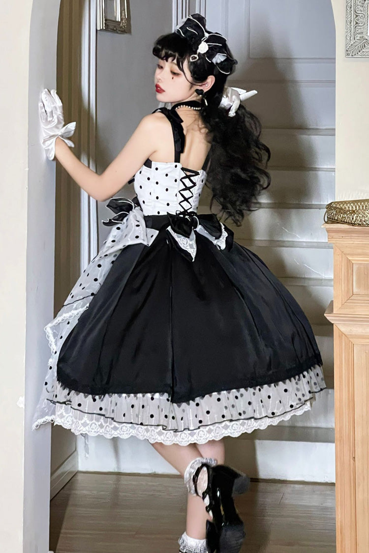 Black [Polka Waltz] Sleeveless Print Bowknot Stitching Lace Gothic Lolita Jsk Dress