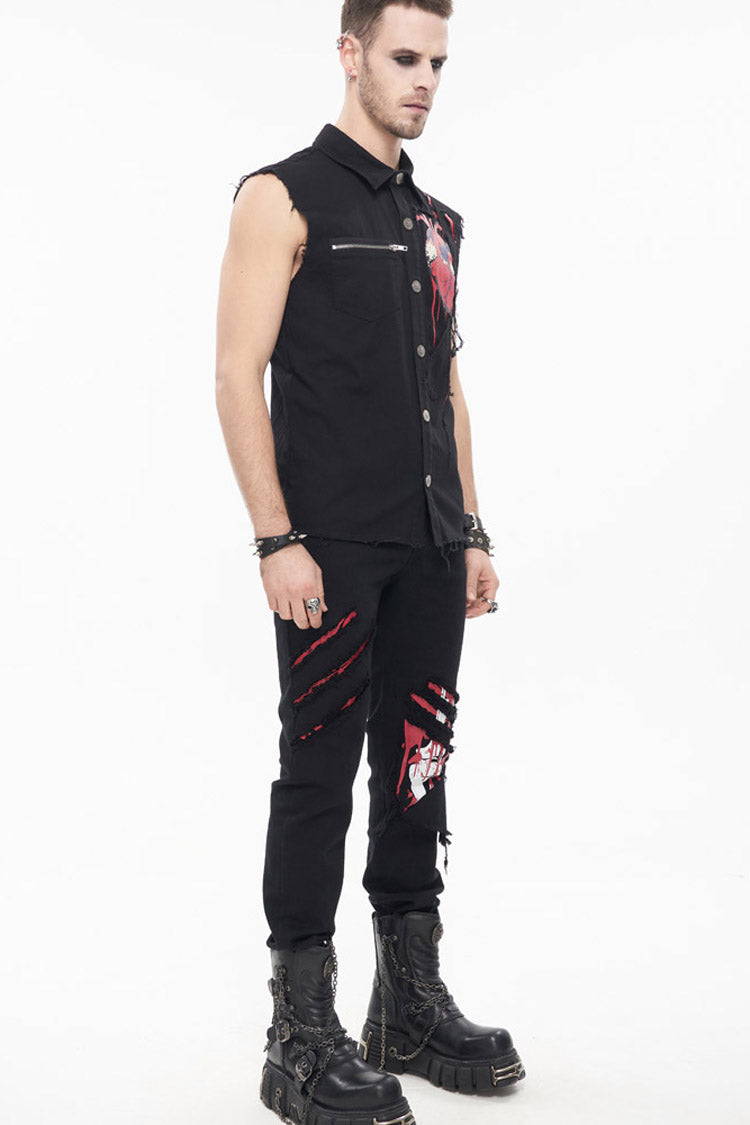 Black Punk Simple Everyday Stand Collar Print Sleeveless Men's Shirt