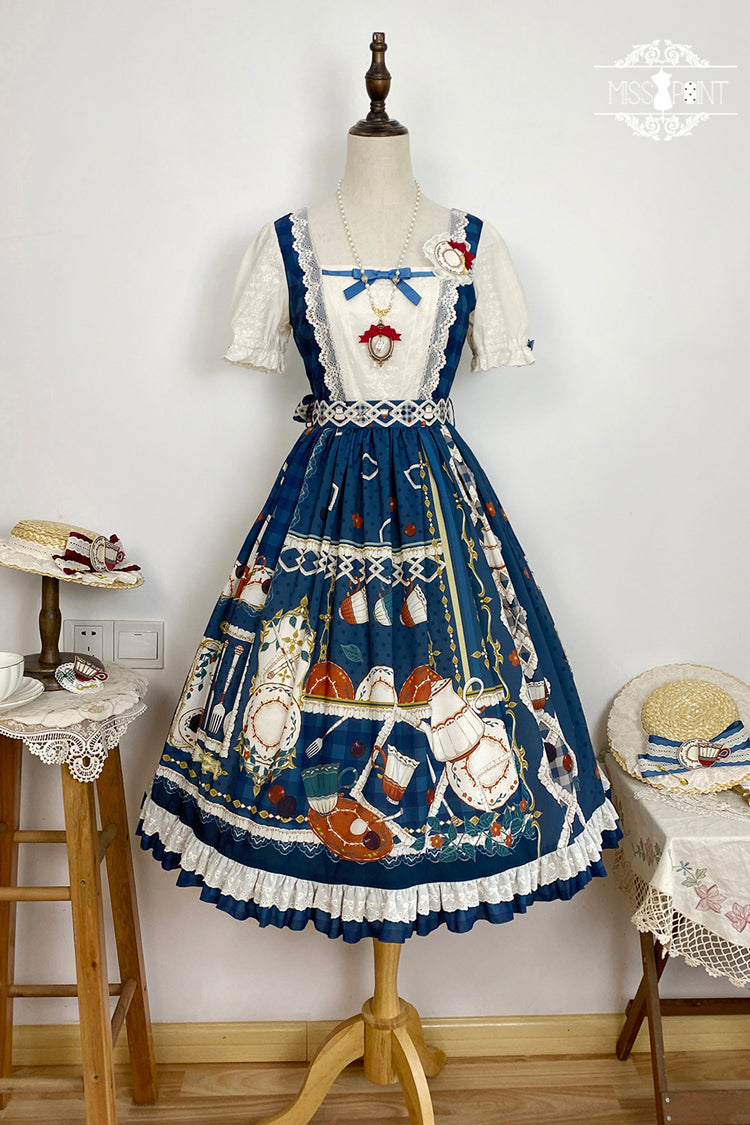 Dark Blue [Tea Party] Short Sleeves Print Ruffle Bowknot Lace Sweet Elegant Lolita Dress