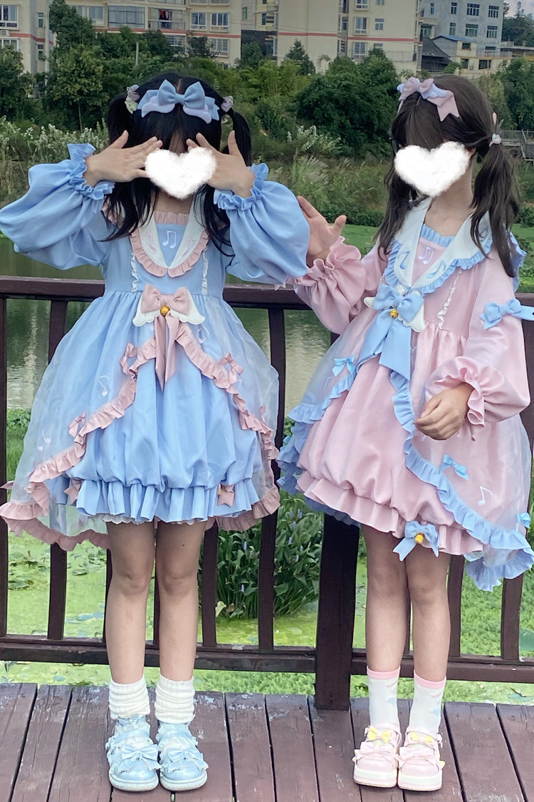 Blue Long Sleeves Music Notes Print Ruffle Bowknot Lace Sweet Lolita Dress