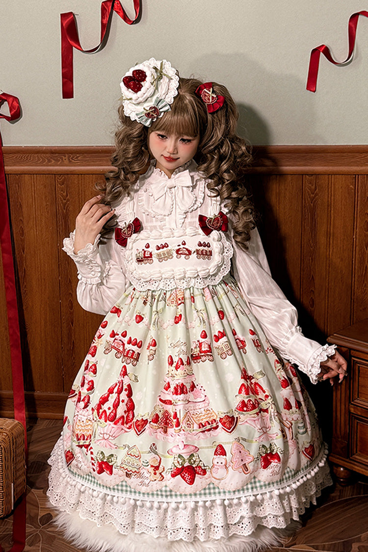 Süßes Lolita JSK-Kleid mit Rüschen und Schleife, Mint, Erdbeer-Dessert-Print, hoher Taille, 4 Farben