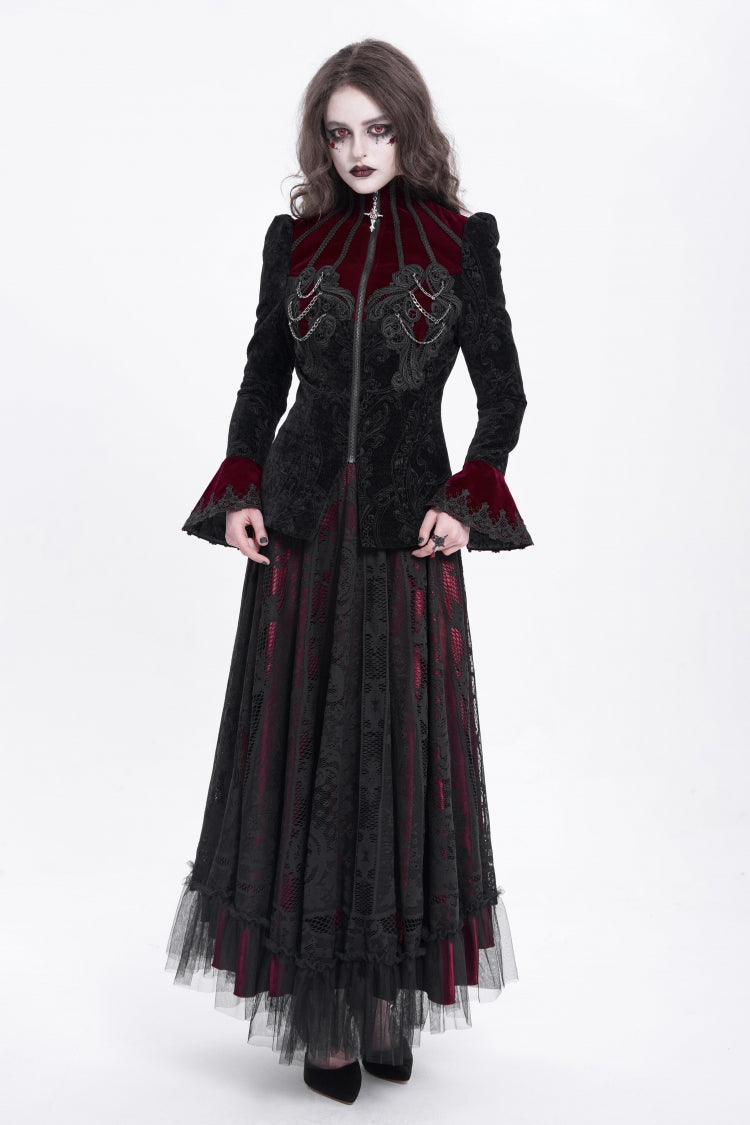 Black/Red Stand Collar Long Trumpet Sleeves Embroidery Women's Gothic Jacket