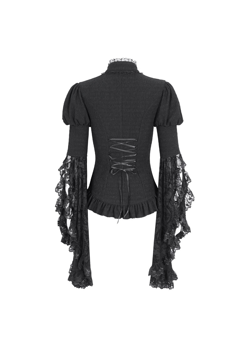 Schwarze Gothic-Bluse mit Stehkragen und Trompetenärmeln, Rüschen, Stickerei und Spitze für Damen