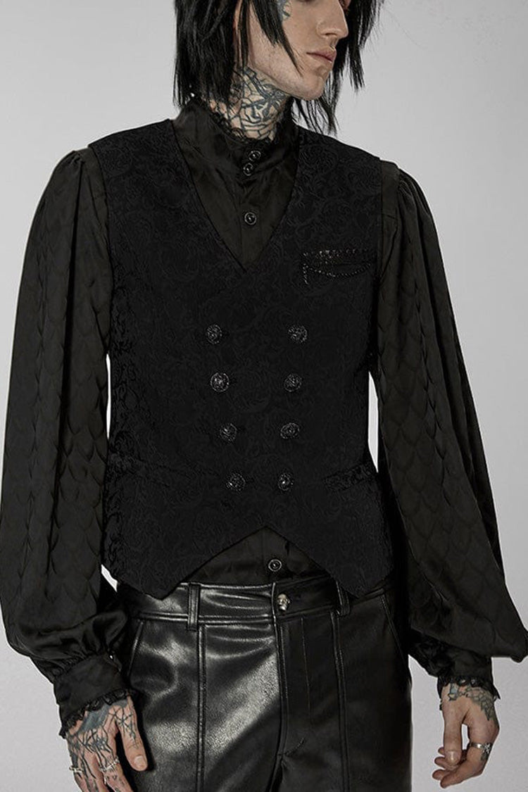 Black Punk Gorgeous V Neck Asymmetrical Relief Sculpture Jacquard Double Row Hand Seam Button Men's Vest