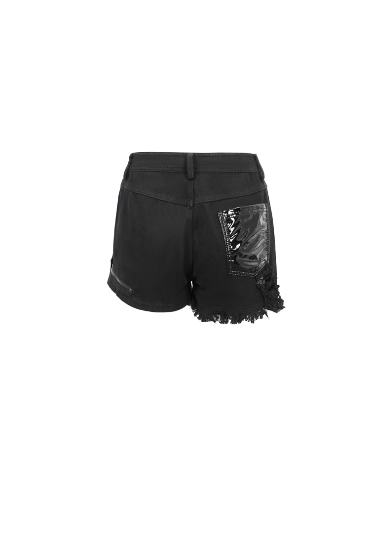 Black Asymmetric Metal Chain Ripped Zip Denim Women's Punk Shorts