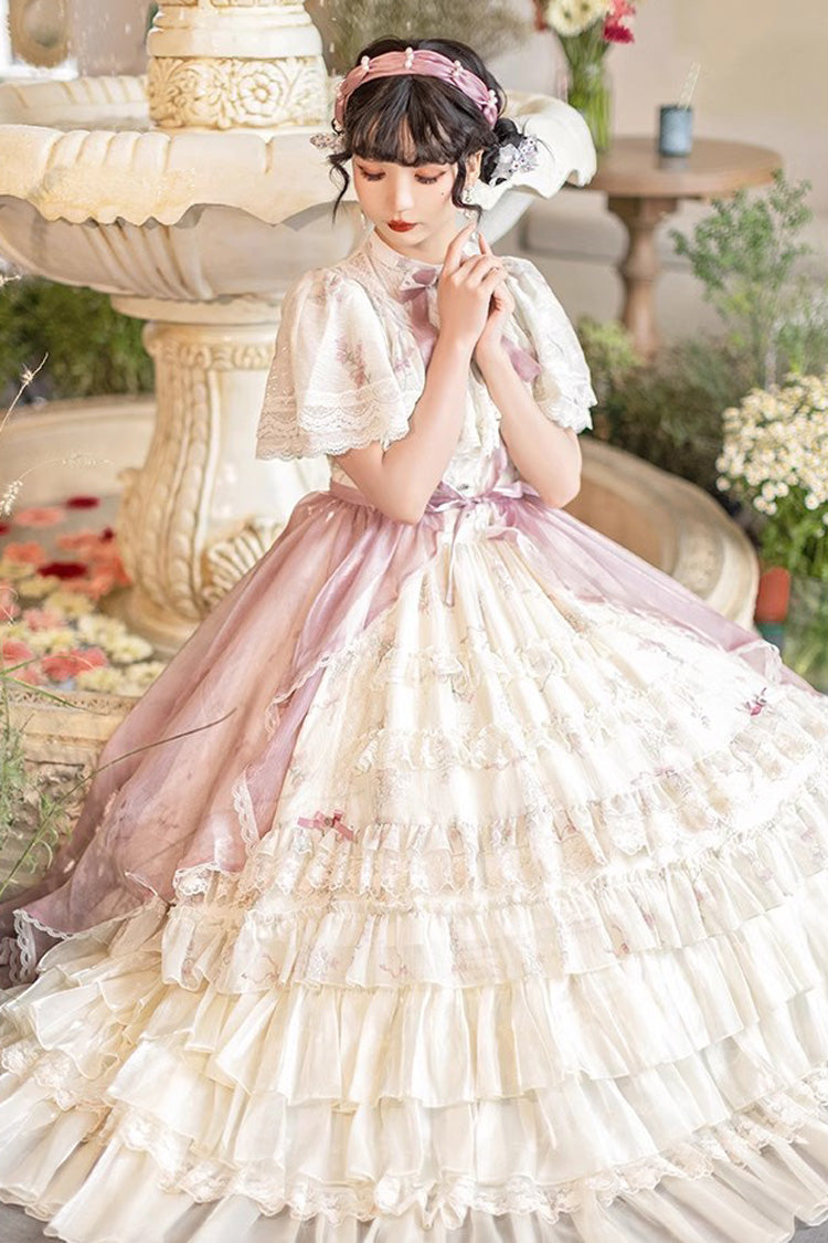 Multi-Color Bellflower Print Ruffle Lace Sweet Princess Lolita Dress