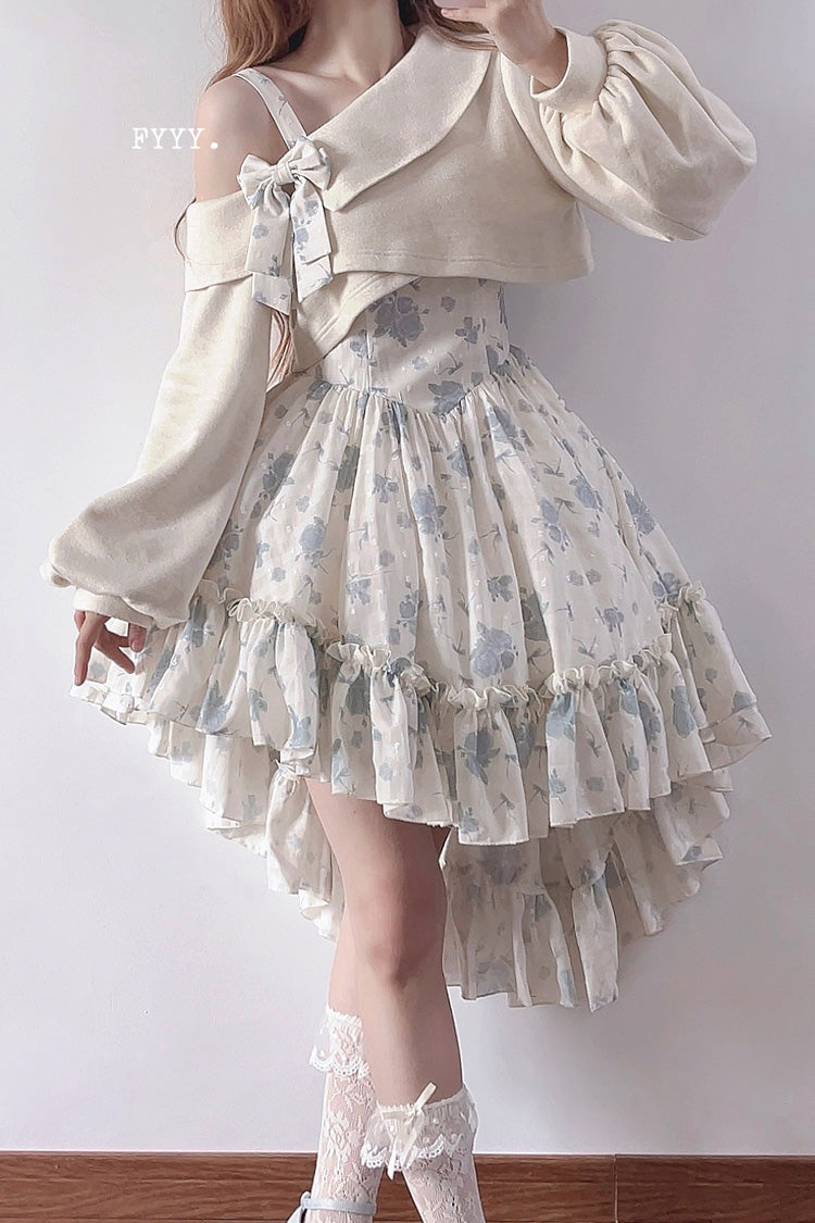 Blue Oblique Shoulder Print Ruffle Bowknot Lace Sweet Lolita Jsk Dress Set