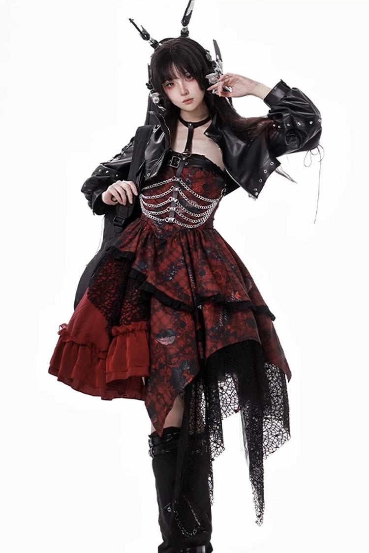 Red [Strawberries of Blood and Tears] Sleeveless Print Ruffle Bowknot Lace Asymmetric Gothic Lolita Jsk Dress