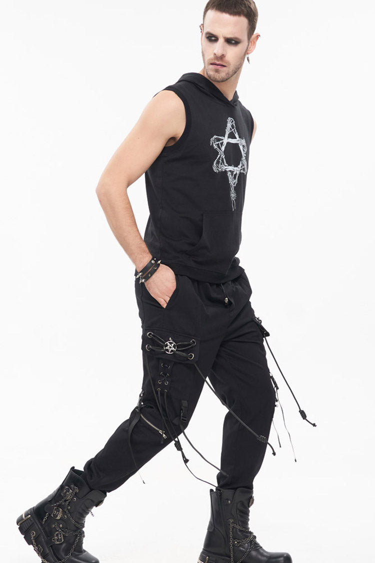 Schwarze Punk-Herrenhose aus feinem Twill mit zweifacher Metallschnalle und Kettendekoration