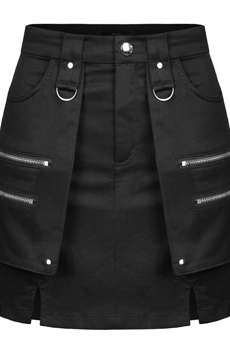 Black Heavy Industrial Hem Slit Design Multi-Pocket Zipper Trim Sexy Women's Punk Mini Skirt