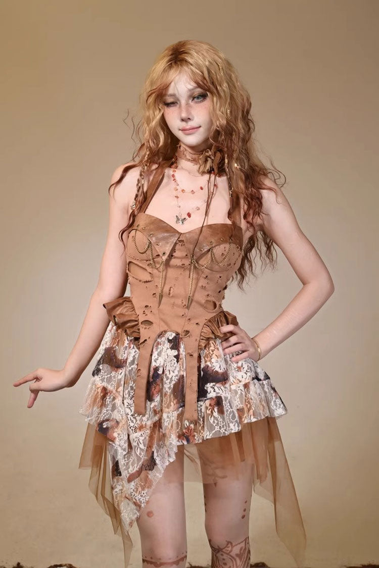 Brown Halterneck Sleeveless Lace Irregular Ripped Punk Vintage Jsk Dress